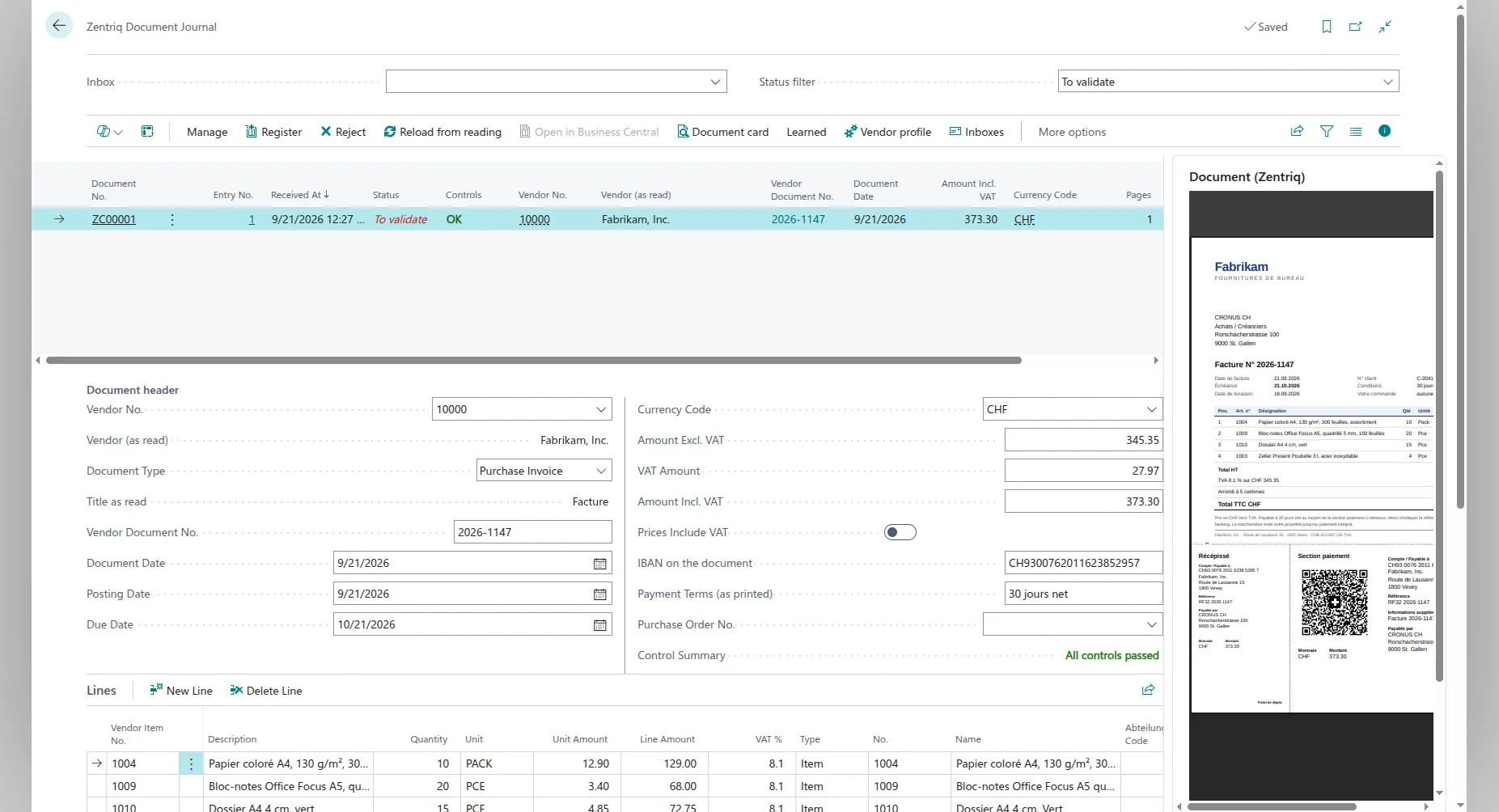 The Zentriq Document Journal in Business Central with a Fabrikam invoice ready to validate, its lines, and the PDF beside it